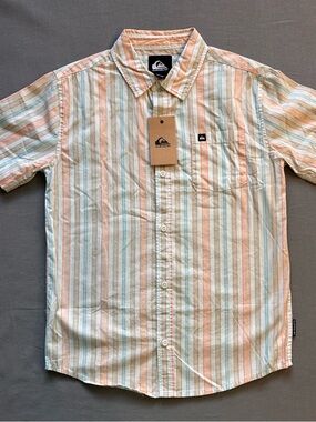 Quiksilver Boys Short-Sleeve Striped Button-Up Shirt - Pastel Orange/Blue